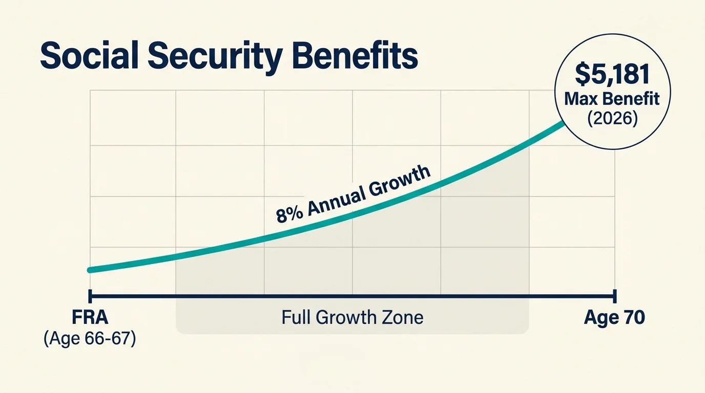 A clean timeline diagram showing retirement benefits growing by 8% annually up to age 70, where it hits a maximum of $5,181.