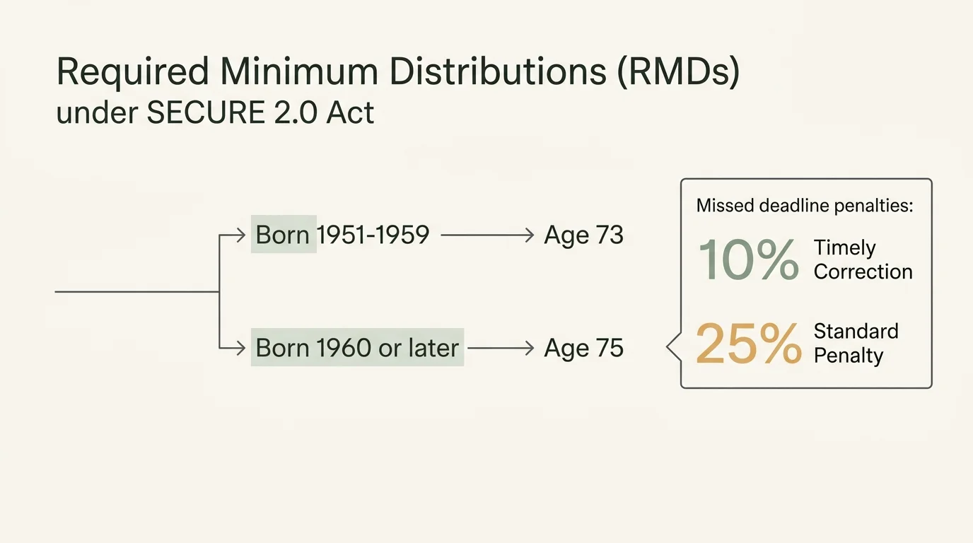 A clean timeline diagram showing SECURE 2.0 Act RMD ages of 73 and 75, with penalty callouts of 10% and 25%.