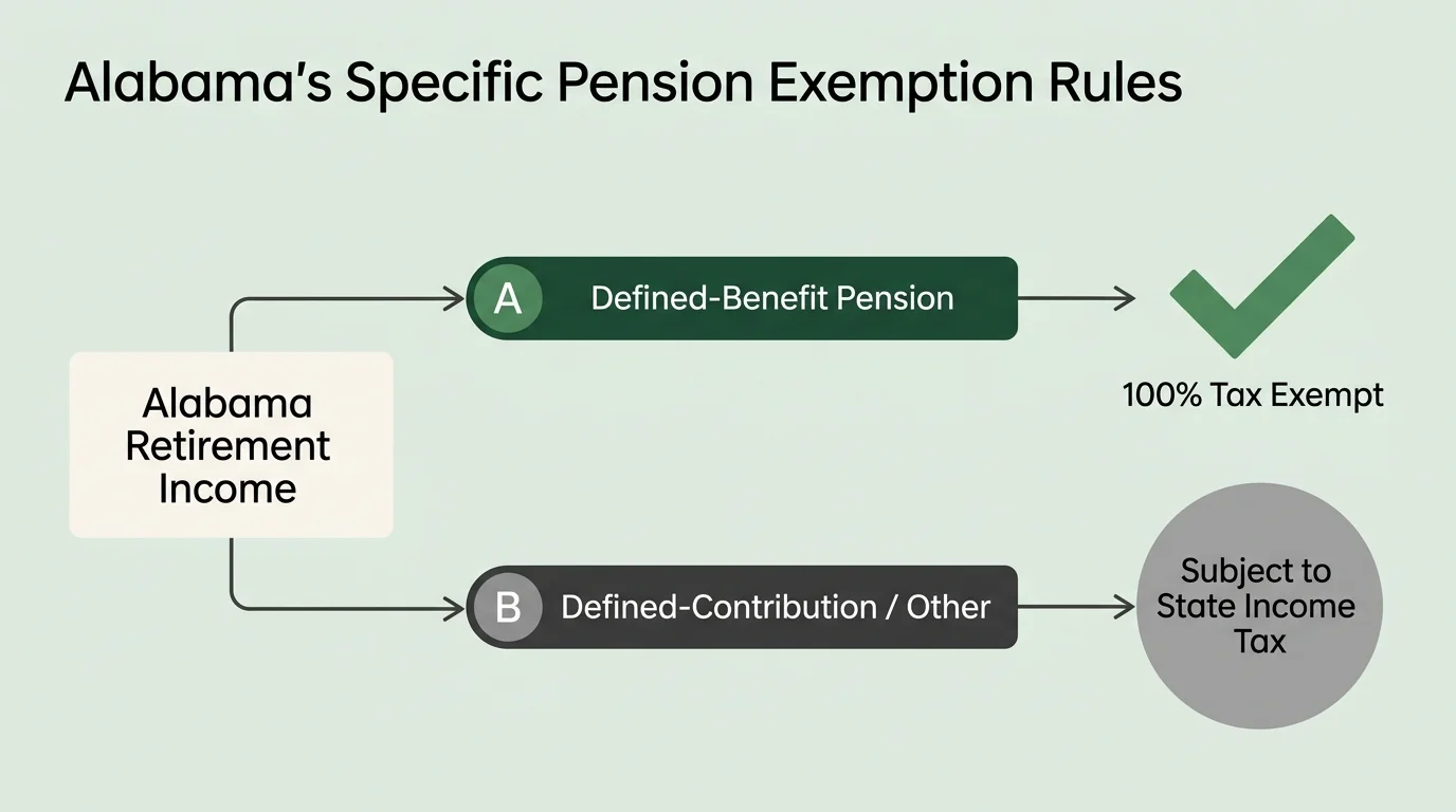A clear flowchart illustrating Alabama's tax exemption for defined-benefit pensions versus other retirement accounts.