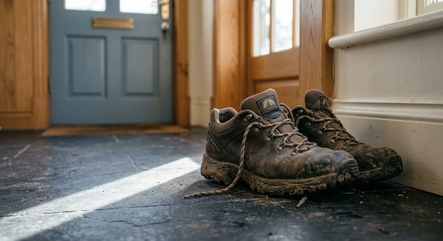 A close-up editorial photo of walking shoes sitting unused in a sunbeam on an entryway floor.