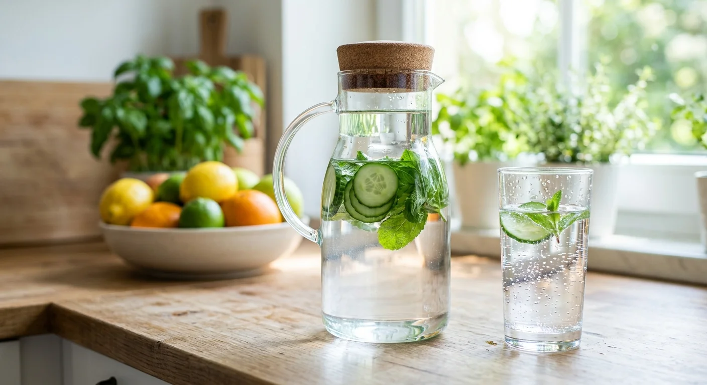 A close-up of a glass carafe of cucumber water and a clear drinking glass on a sunlit wooden kitchen counter.