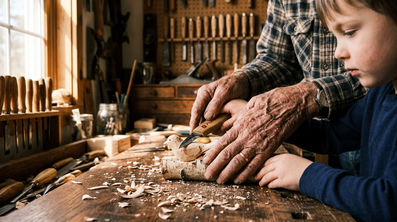 A close-up of a grandfather's weathered hands guiding a young boy's hands in carving a wooden object at a sunlit workbench.