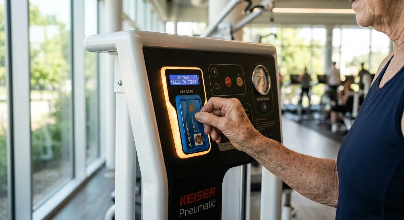 A close-up of a senior inserting a personalized smart key card into a modern pneumatic fitness machine.