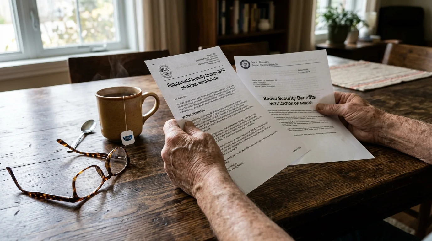 A close-up of a senior's hands holding SSI and Social Security statements on a wooden table.