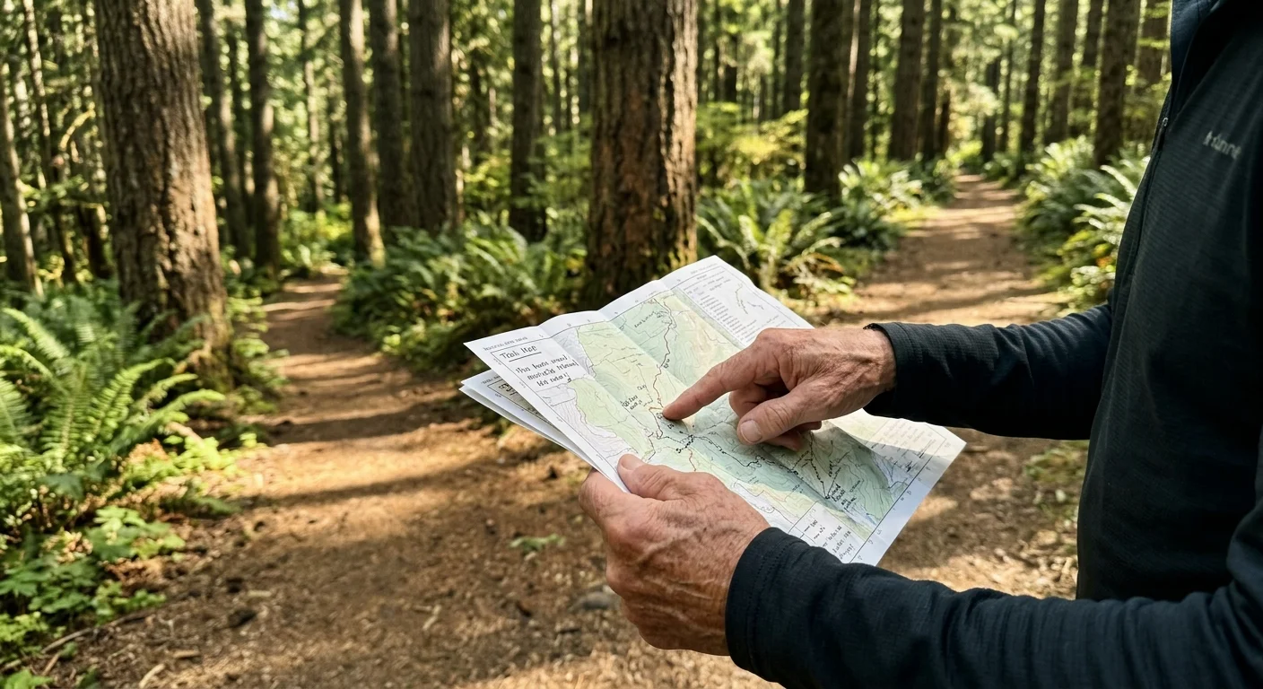A close-up photo of an older adult's hands holding a paper map at a fork in a sun-dappled forest trail.
