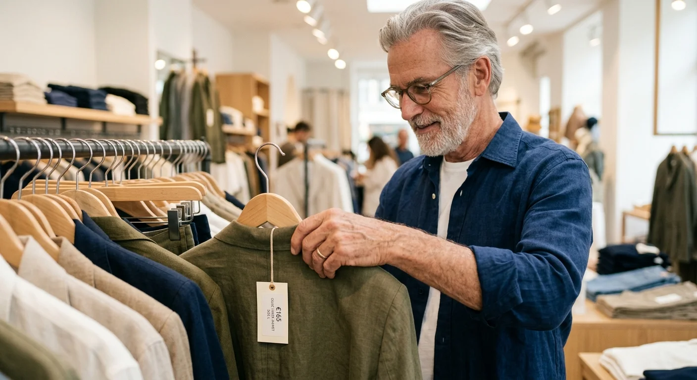 A close-up photo of an older man's hands browsing clothing hangers on a rack in a well-lit store.