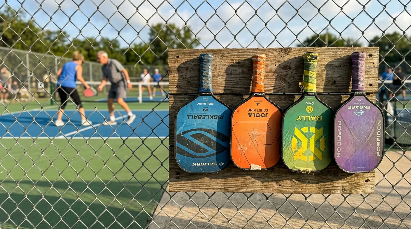 A close-up photo of colorful pickleball paddles waiting in a queue rack on a sunny public court fence.
