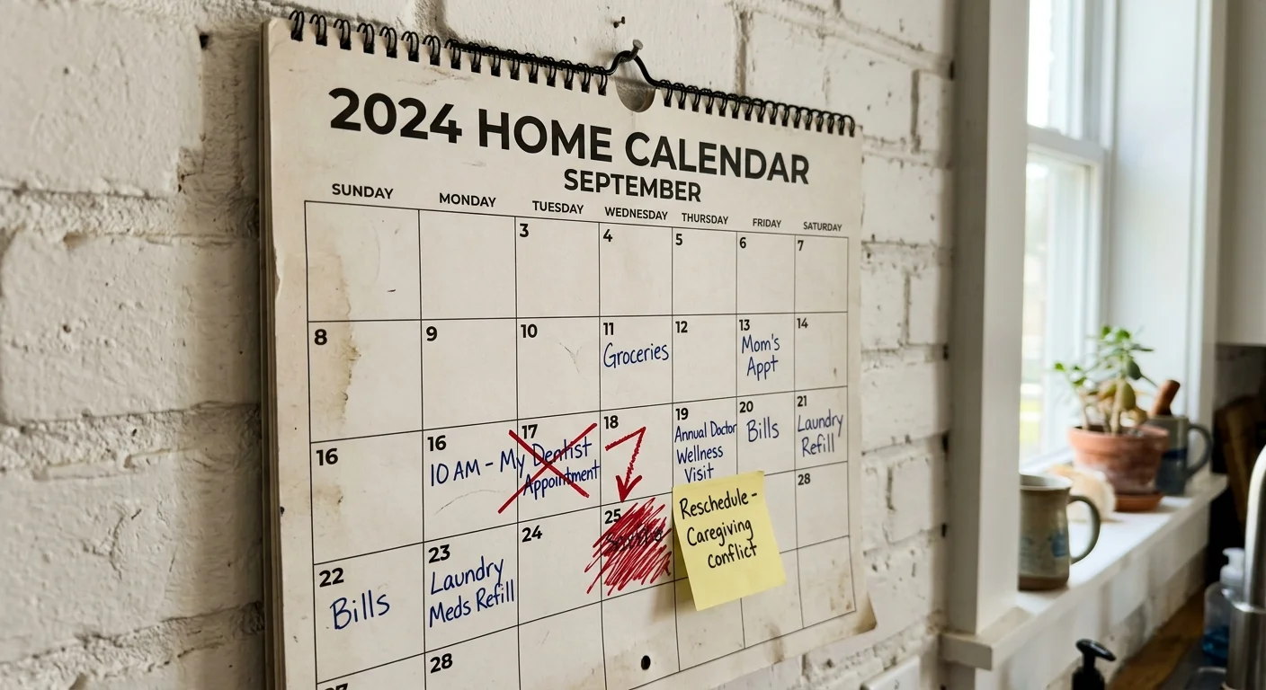 A close-up photograph of a kitchen wall calendar showing rescheduled and crossed-out personal medical appointments.