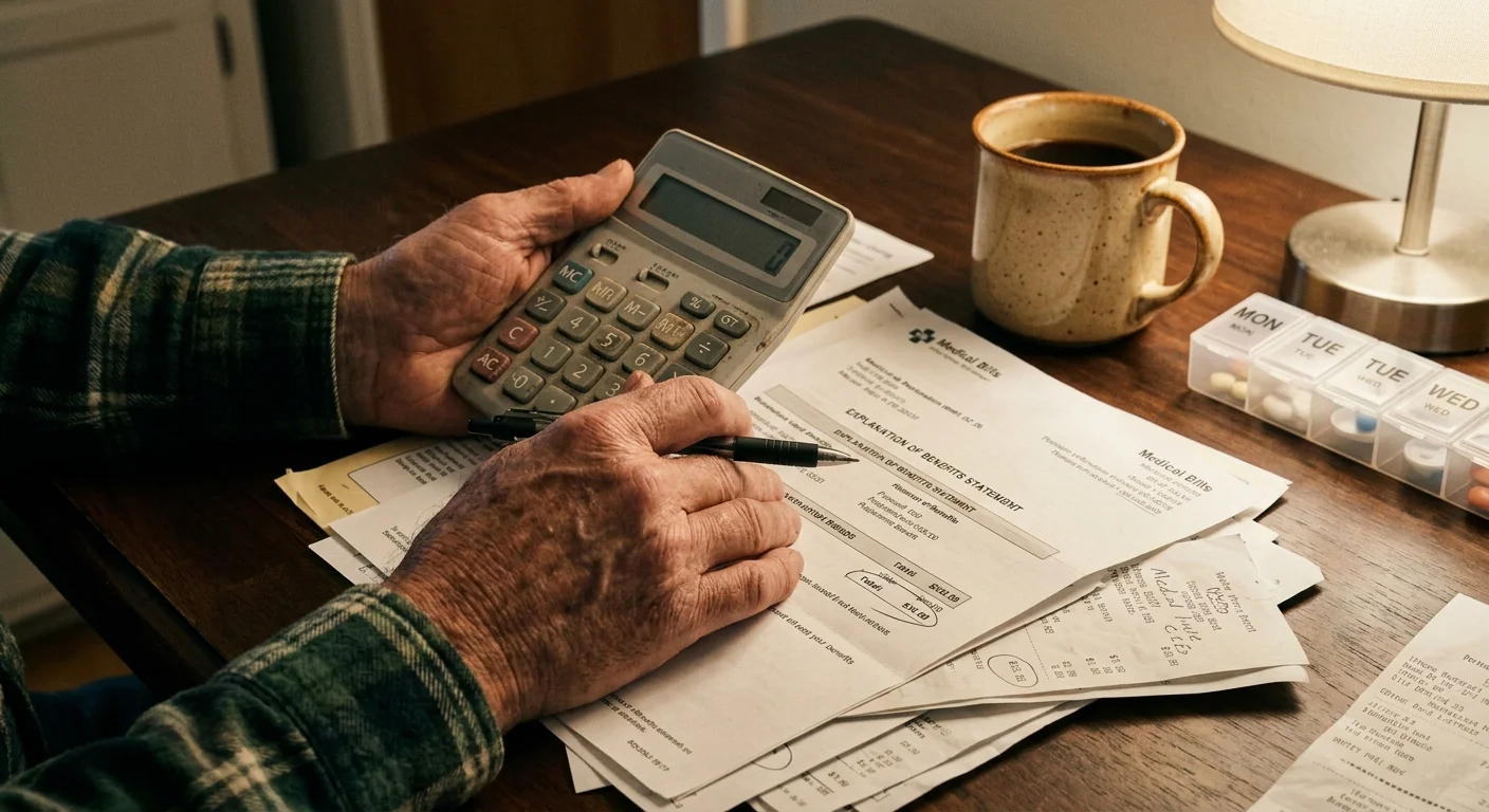 A close-up photograph of a senior's hands using a calculator over a pile of medical bills at a kitchen table.