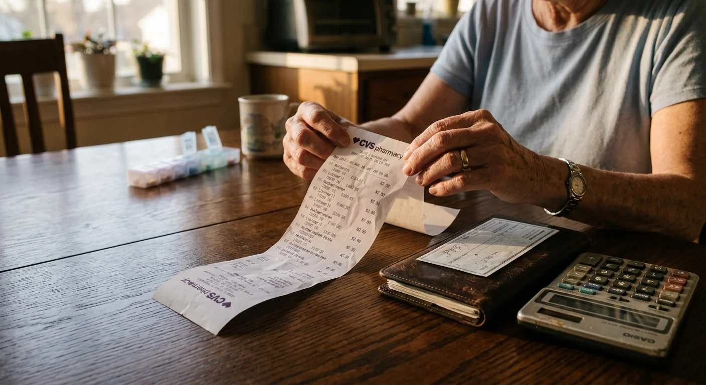A close-up photograph of a woman's hands sorting through pharmacy receipts next to a checkbook and calculator on a wooden table.