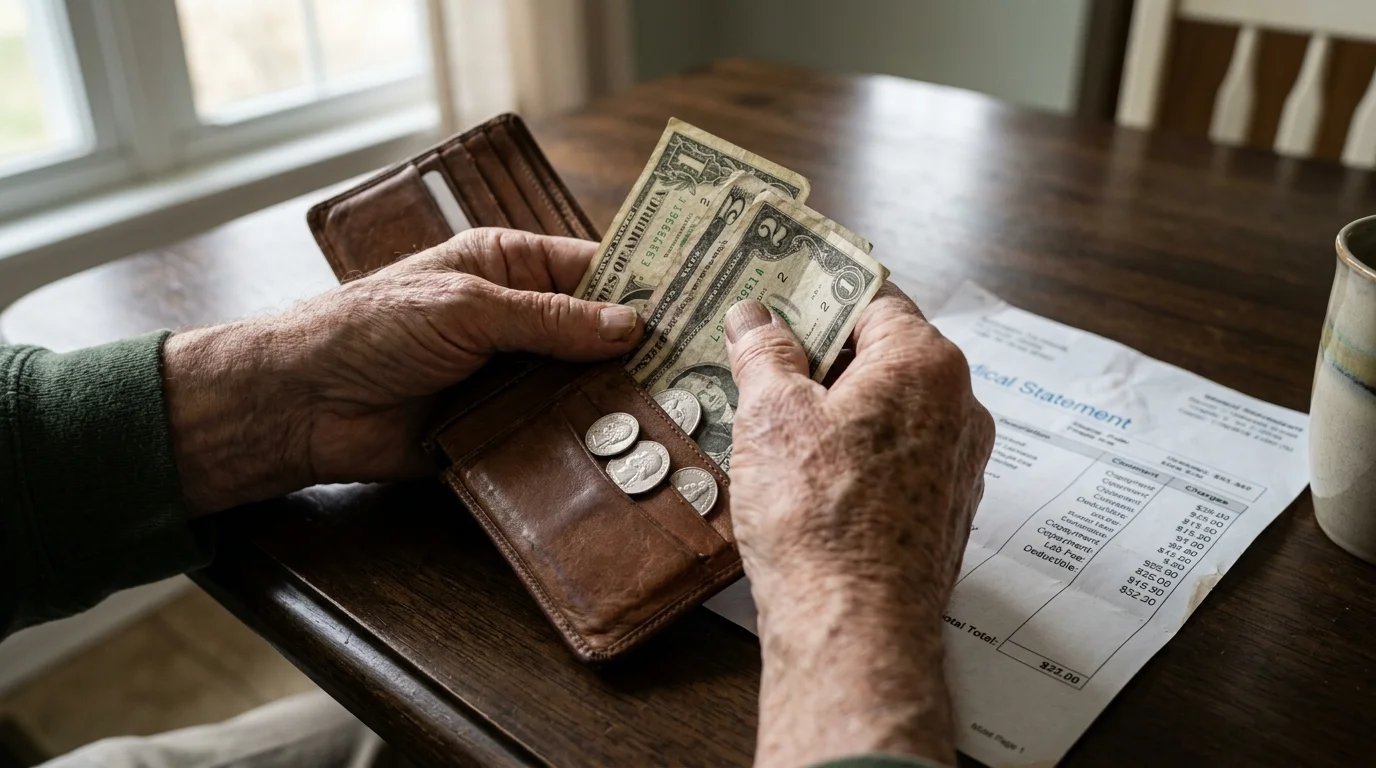 A close-up photograph of an older person counting dollar bills and coins next to a medical bill on a wooden table.