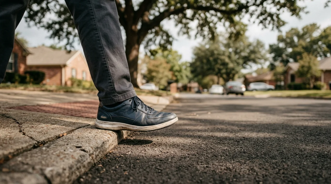 A close-up shot of an older adult's shoe pausing at the edge of a concrete sidewalk curb.