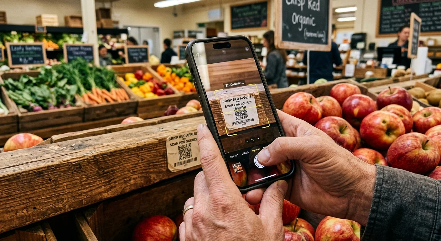 A close-up view of hands using a smartphone to scan a QR code coupon at a grocery store produce display.