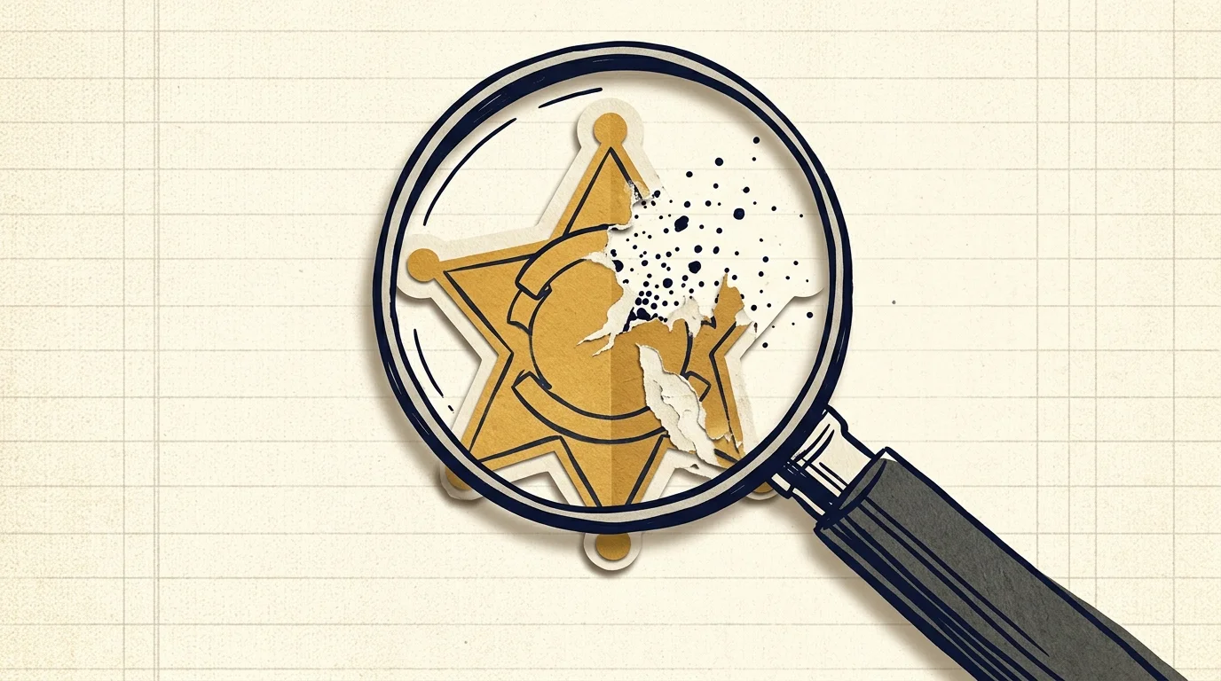 A collage of a magnifying glass inspecting a gold badge paper cutout, revealing its delicate, fragmented layers.