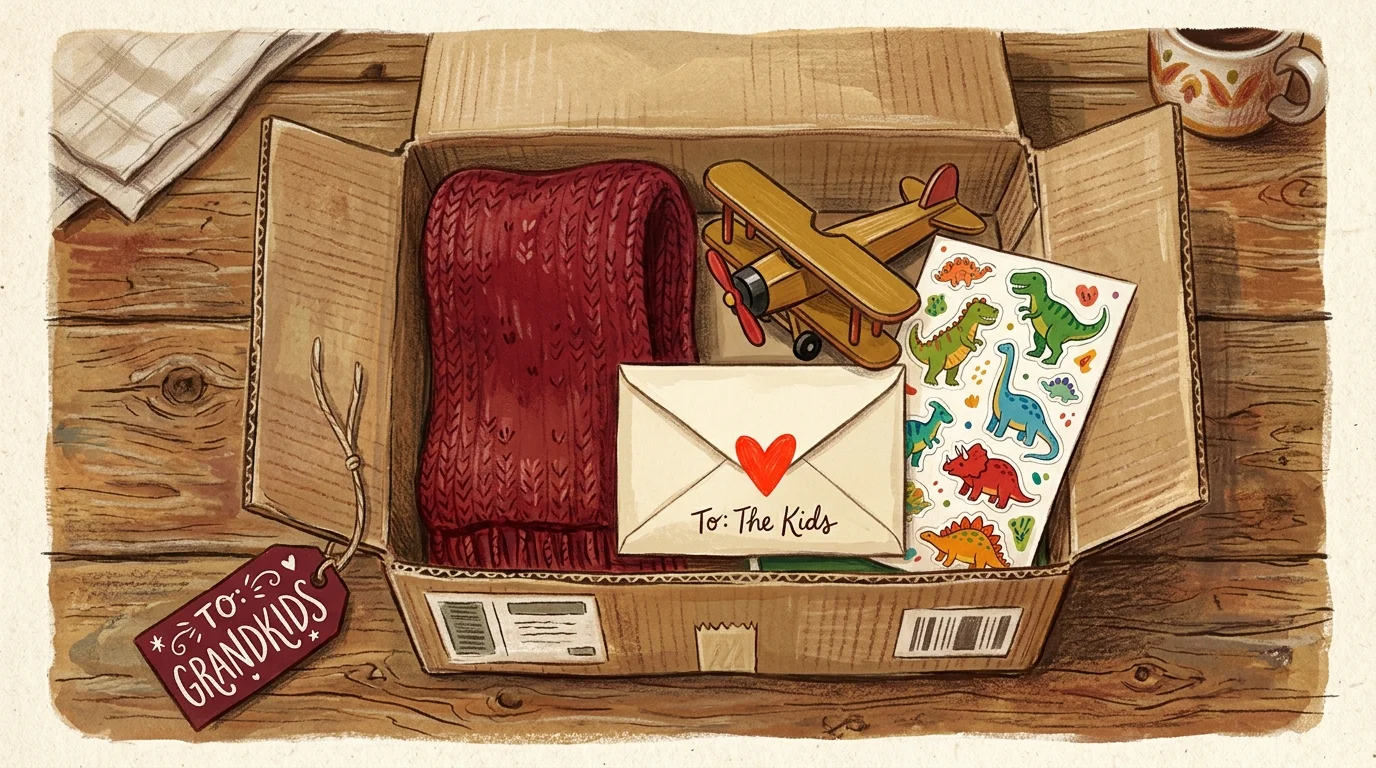 A colorful flat-lay illustration of an open care package filled with letters, stickers, and toys.