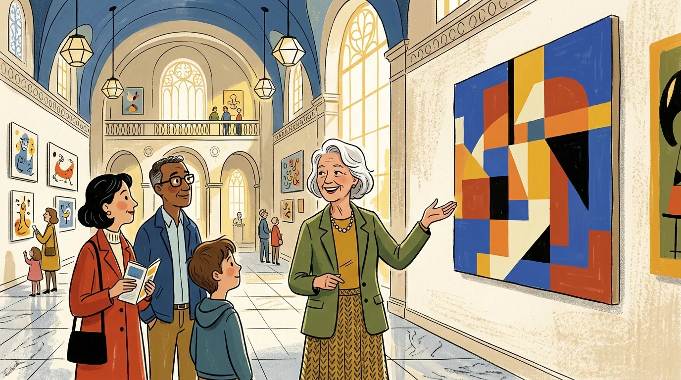 A colorful mid-century style illustration of a senior woman guiding a tour group in an art museum gallery.