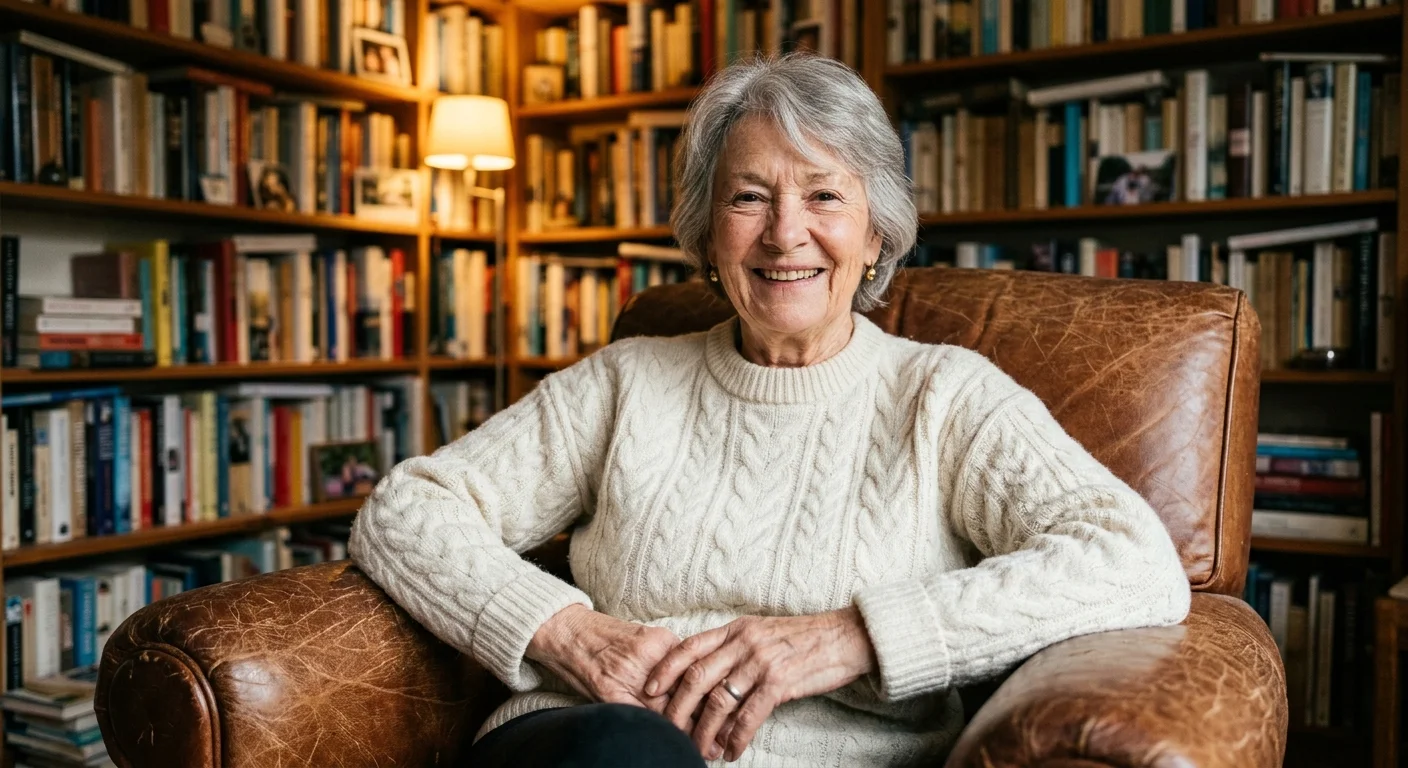 A content retiree smiles warmly from a comfortable leather armchair in a cozy home library.