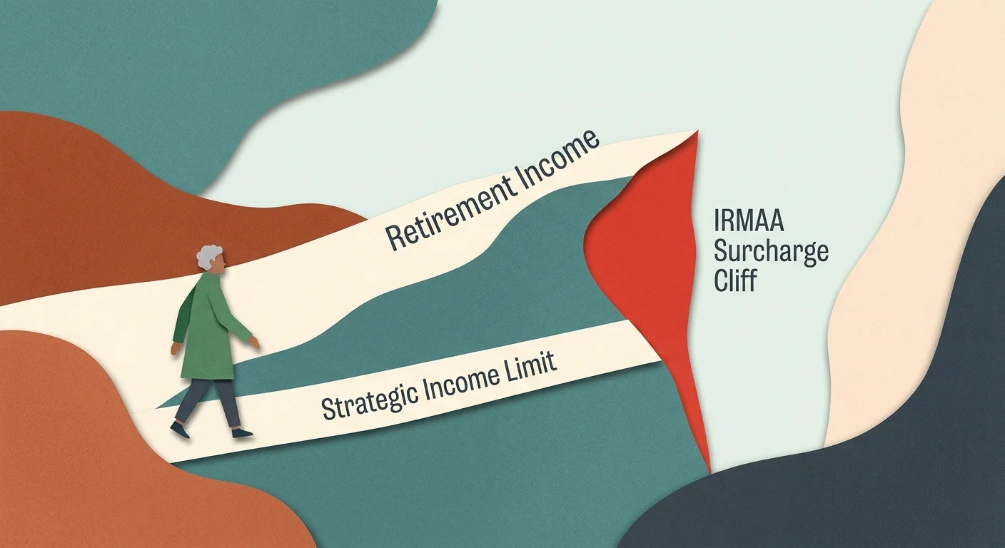 A cut-paper style illustration showing a pathway avoiding a steep cliff labeled IRMAA Surcharge Limit.