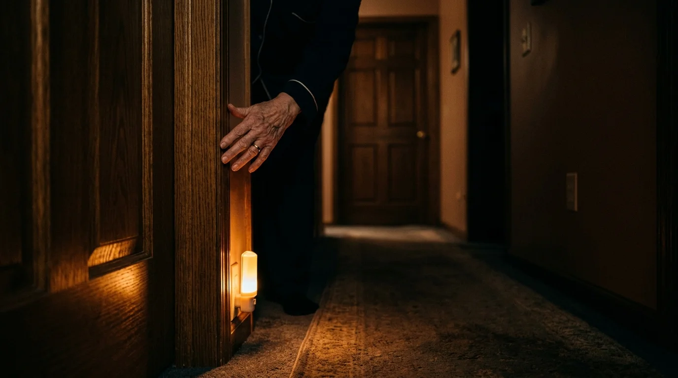 A dimly lit hallway at night with a warm nightlight illuminating a door frame as a hand reaches out for guidance.