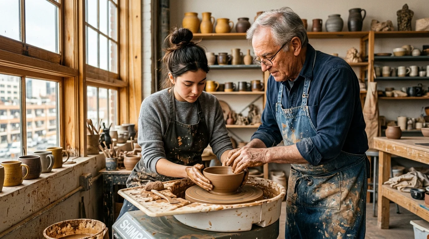 A documentary photo of a senior master potter guiding a young apprentice's hands on a spinning pottery wheel.