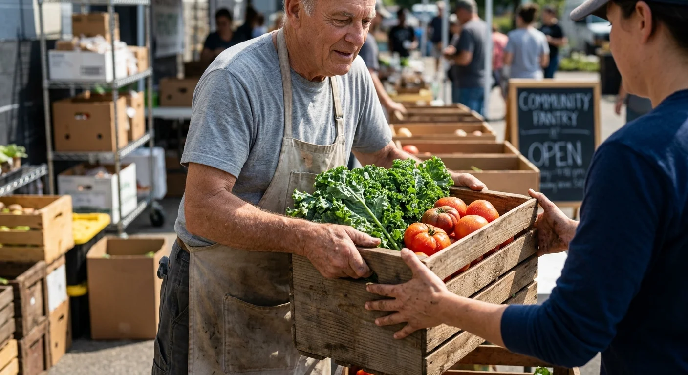 A documentary photo of an older volunteer handing a wooden crate of fresh vegetables to another person at a community pantry.
