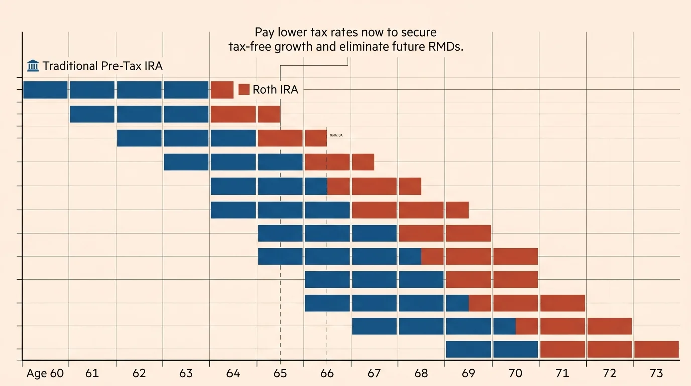 A financial timeline chart illustrating annual pre-tax IRA conversions to tax-free Roth IRAs from age 60 to 73.