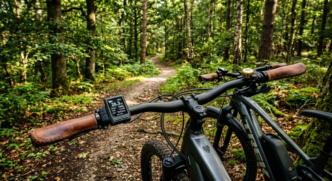 A first-person view of E-bike handlebars on a winding gravel trail through a sun-dappled green forest.