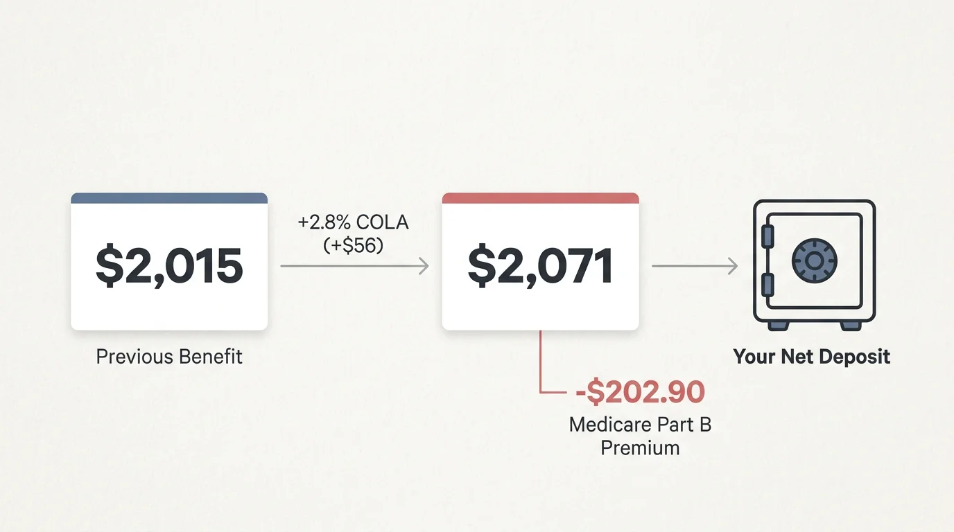 A flow chart showing a $2,015 benefit increasing by a 2.8% COLA to $2,071, then subtracting a $202.90 Medicare premium.