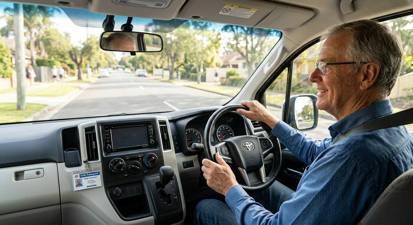 A friendly senior man driving a clean transport shuttle van under soft morning light.