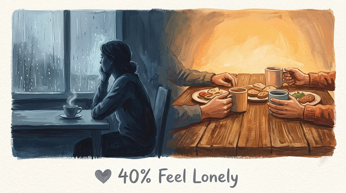 A gouache illustration contrasting a lonely figure looking out a rainy window with warm hands gathered around a dinner table.