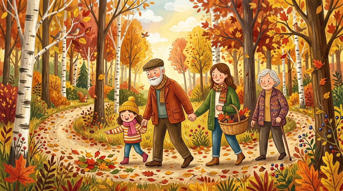 A gouache illustration of a family walking along a winding path in a colorful autumn forest, collecting pinecones.