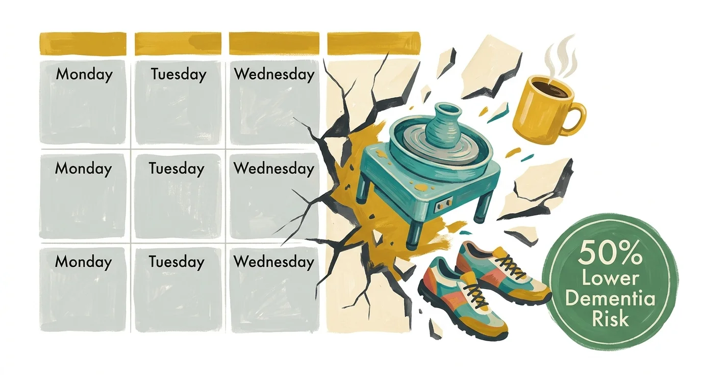 A gouache illustration of a rigid grey calendar breaking apart into colorful hobby icons, with the text '50% Lower Dementia Risk'.