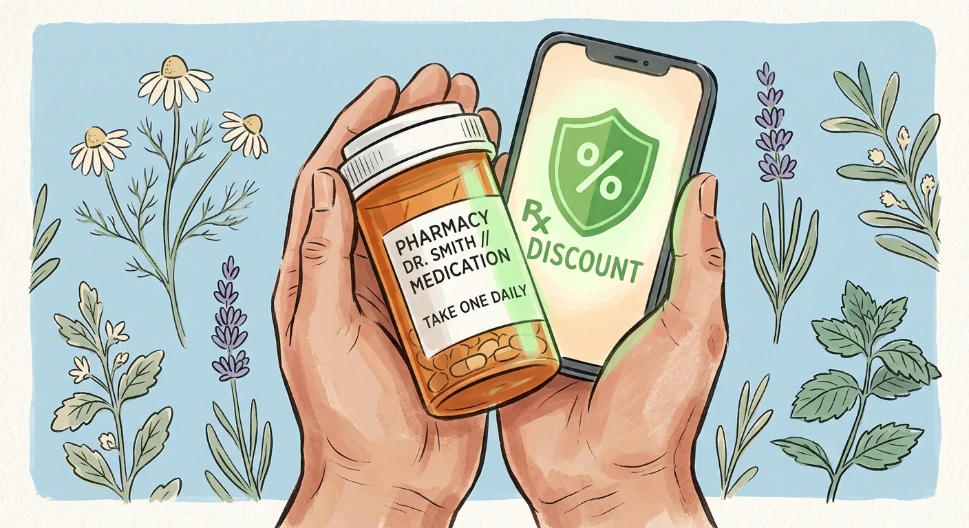 A gouache illustration of hands holding a prescription bottle next to a smartphone showing a discount icon.
