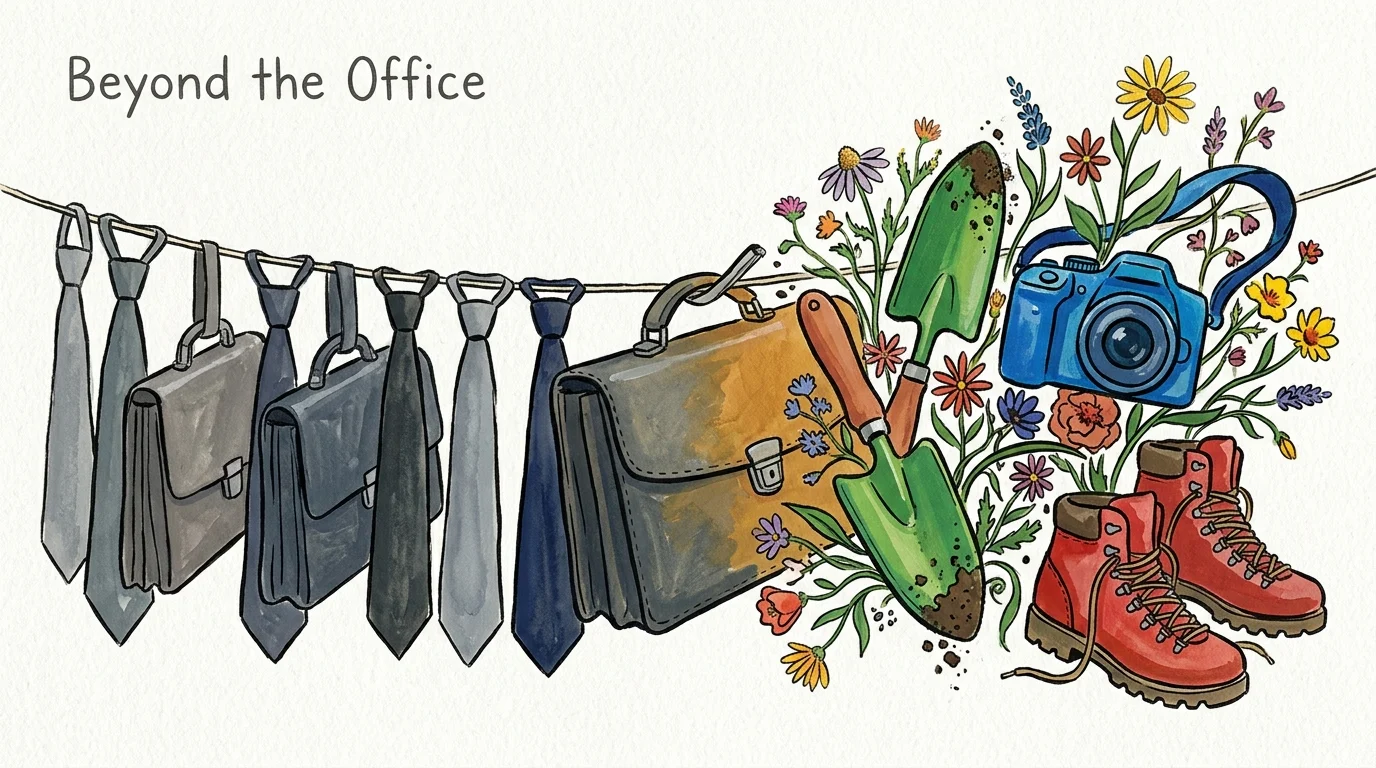 A gouache illustration showing a transition from grey office ties and briefcases to colorful gardening tools and hiking boots.