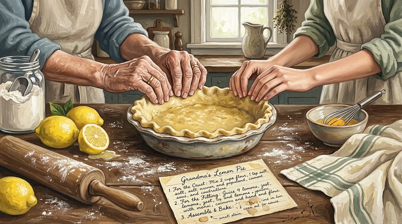 A gouache illustration showing two generations preparing a pie together next to a handwritten recipe card.