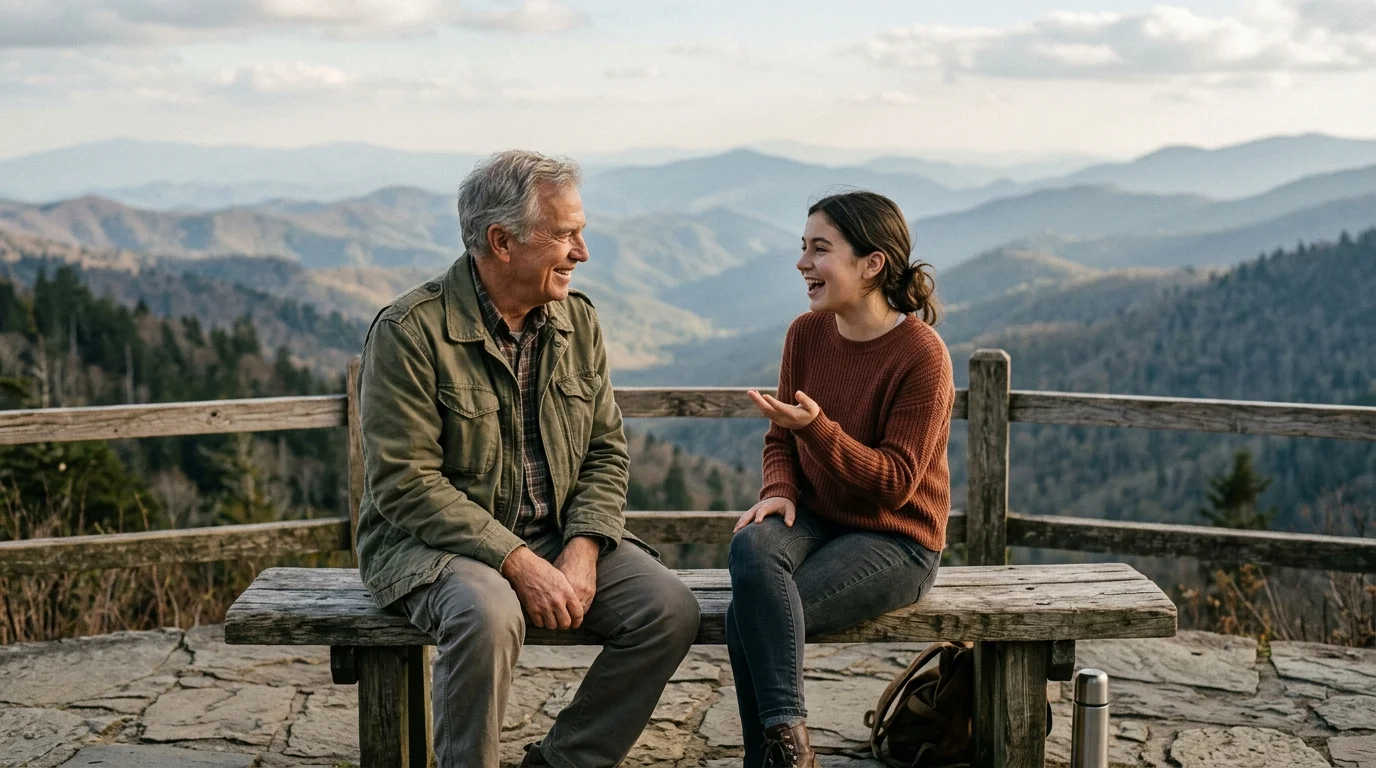 A grandfather and his teenage granddaughter sharing a candid conversation on a wooden bench overlooking the Great Smoky Mountains.