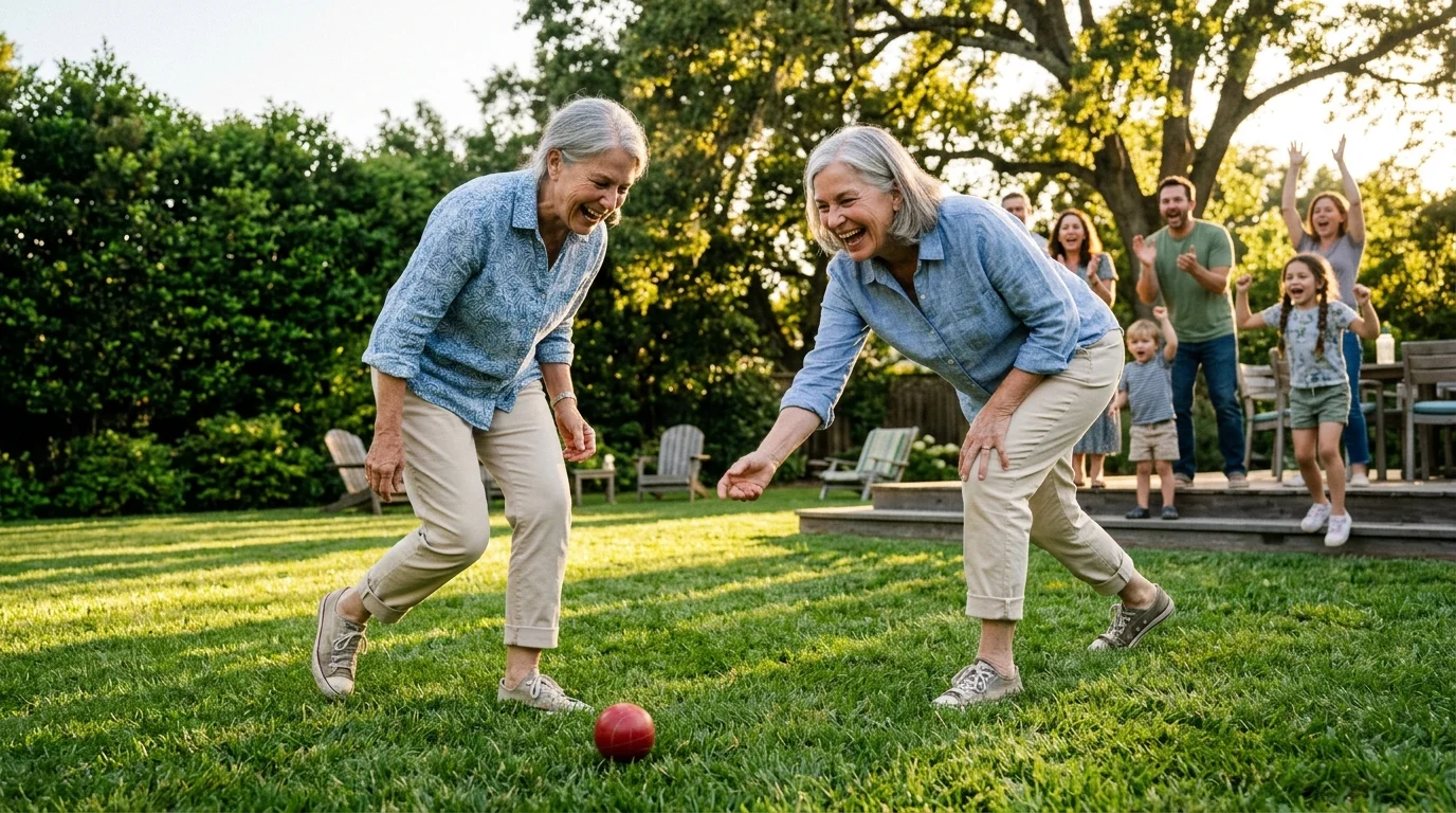 A grandmother laughing as she rolls a bocce ball during a family backyard game tournament under warm sunset light.