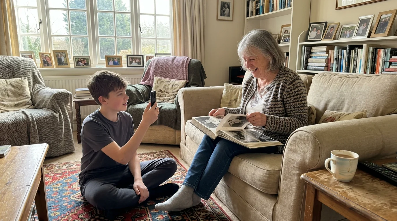 A grandmother laughing on a sofa while her teenage grandson records her with a smartphone in a sunlit living room.