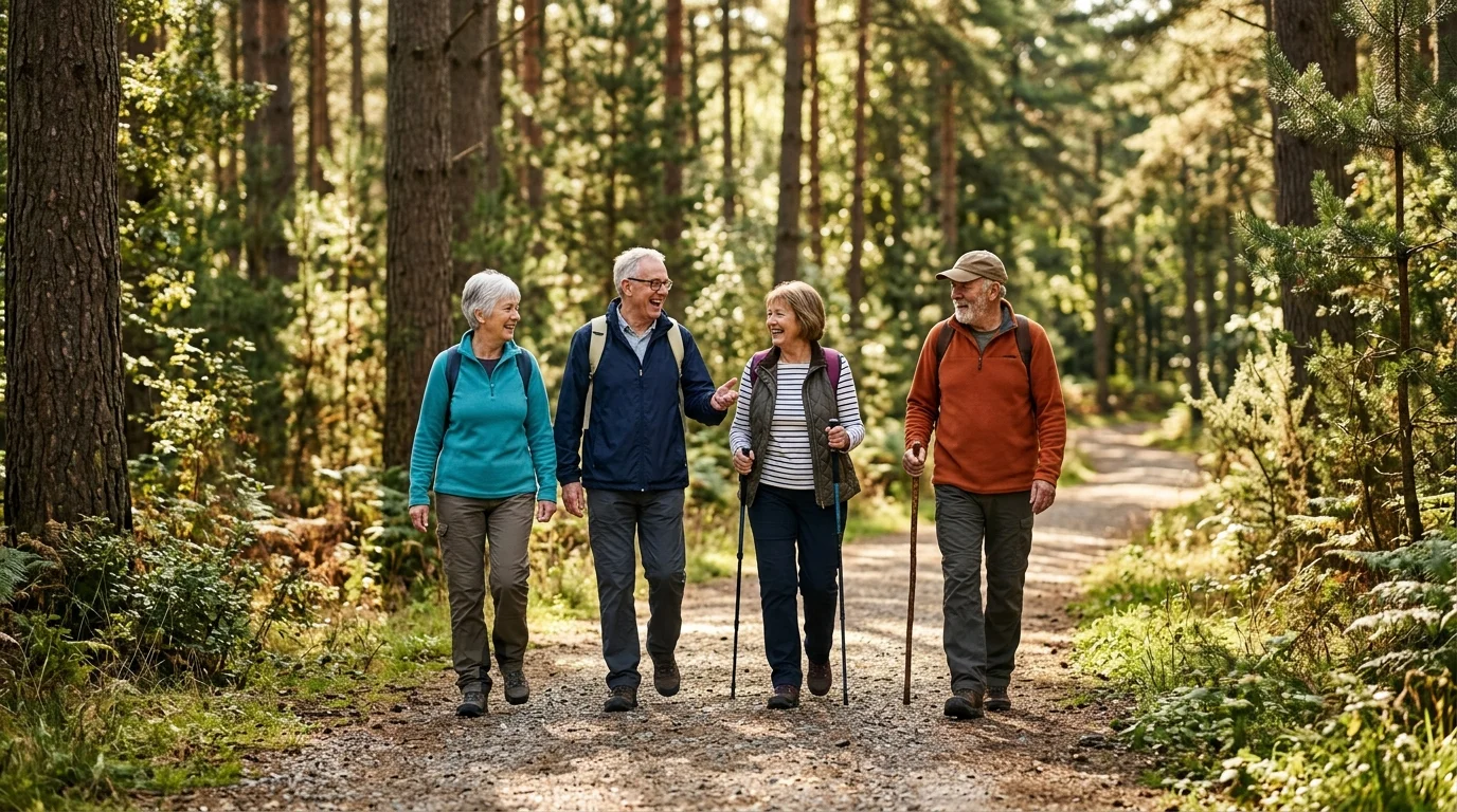 A group of active seniors walking and talking along a sun-dappled gravel path in a beautiful pine forest.