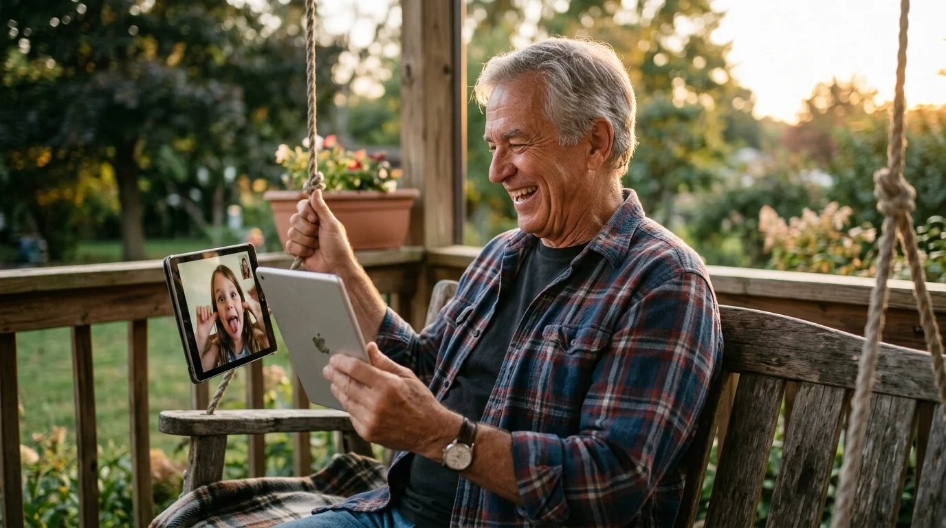 A happy grandfather laughing on a porch swing while holding a video call with his granddaughter.