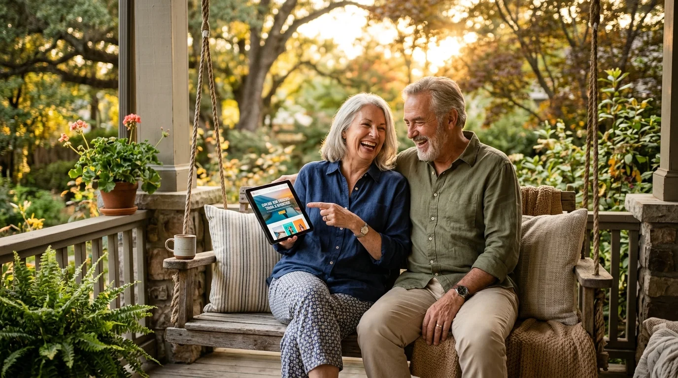 A happy older couple laughing together on a porch swing while looking at a tablet during sunset.