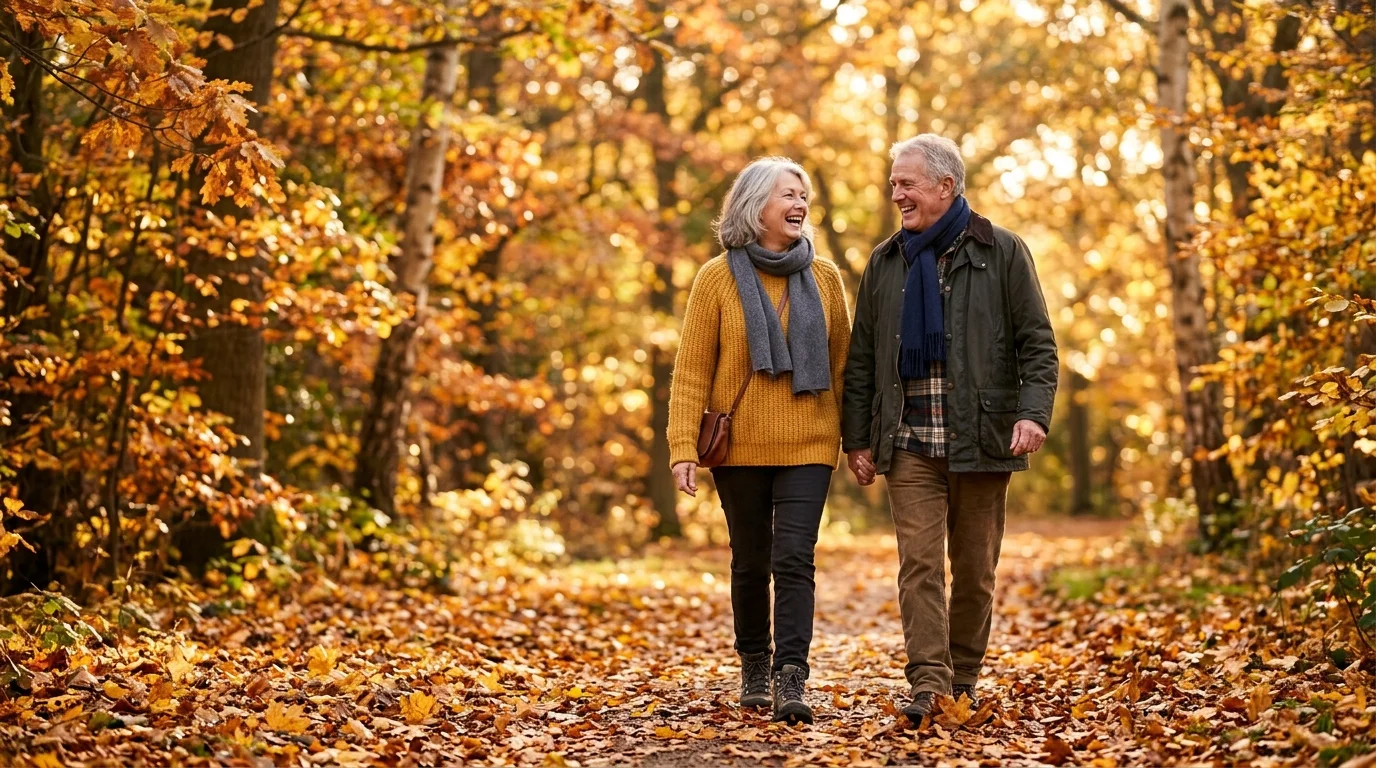 A happy retired couple enjoys a peaceful autumn walk together in a park filled with golden leaves.
