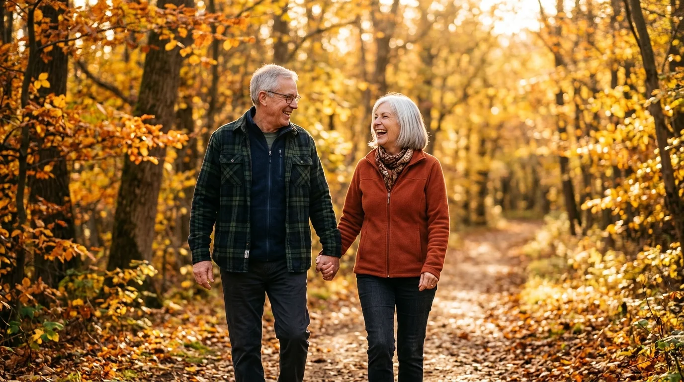 A happy senior couple walking and laughing on a sunlit nature trail during autumn.