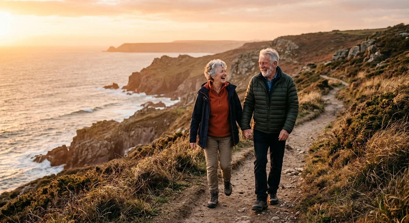 A happy senior couple walking hand-in-hand along a beautiful coastal trail during a warm sunset.