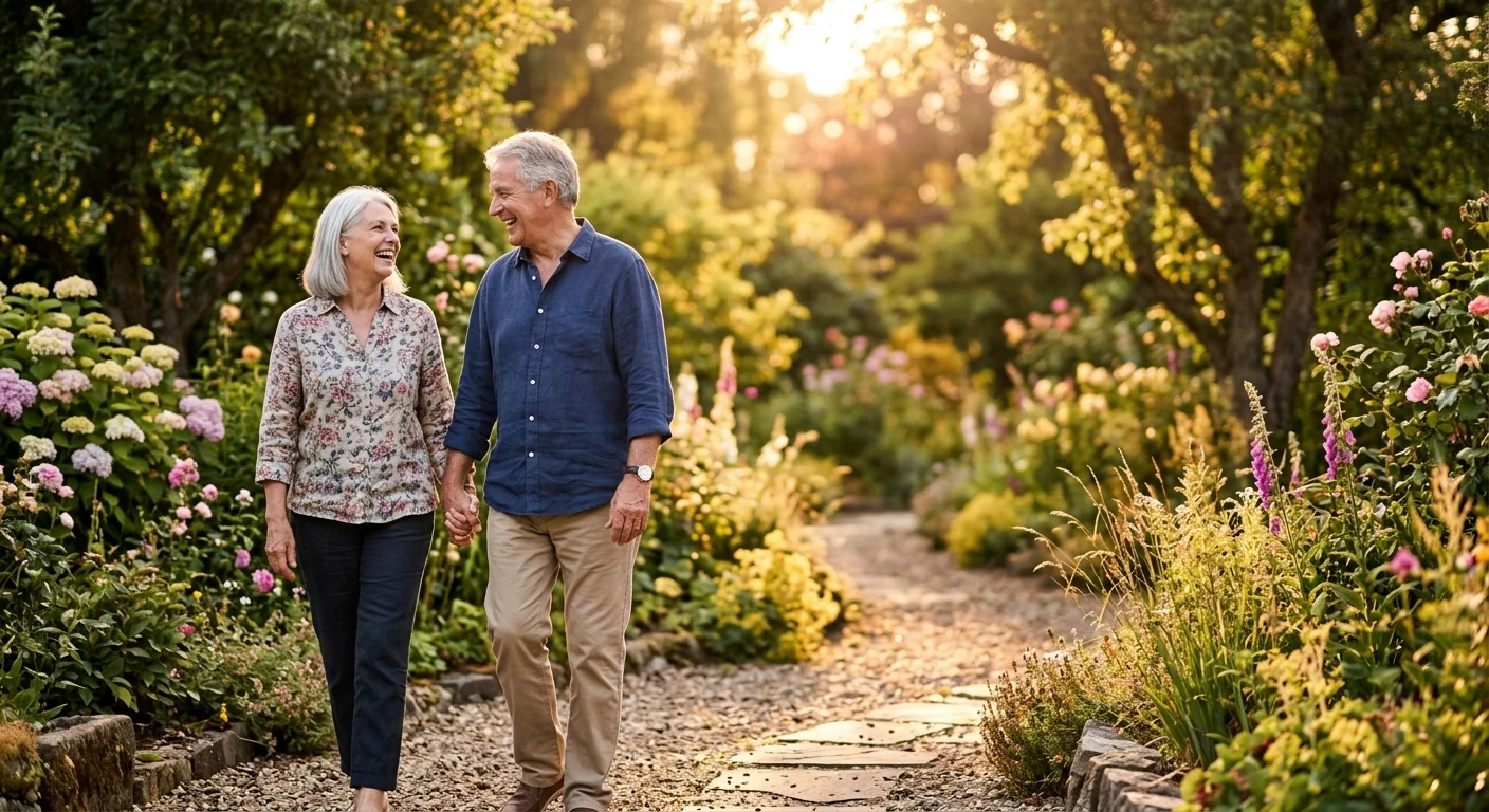 A happy senior couple walking hand-in-hand through a beautiful, sunlit garden during retirement.