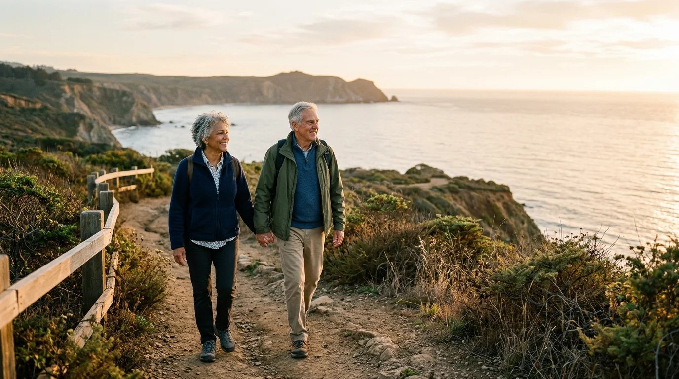A happy senior couple walks hand-in-hand along a golden-hour coastal trail, enjoying a carefree retirement.