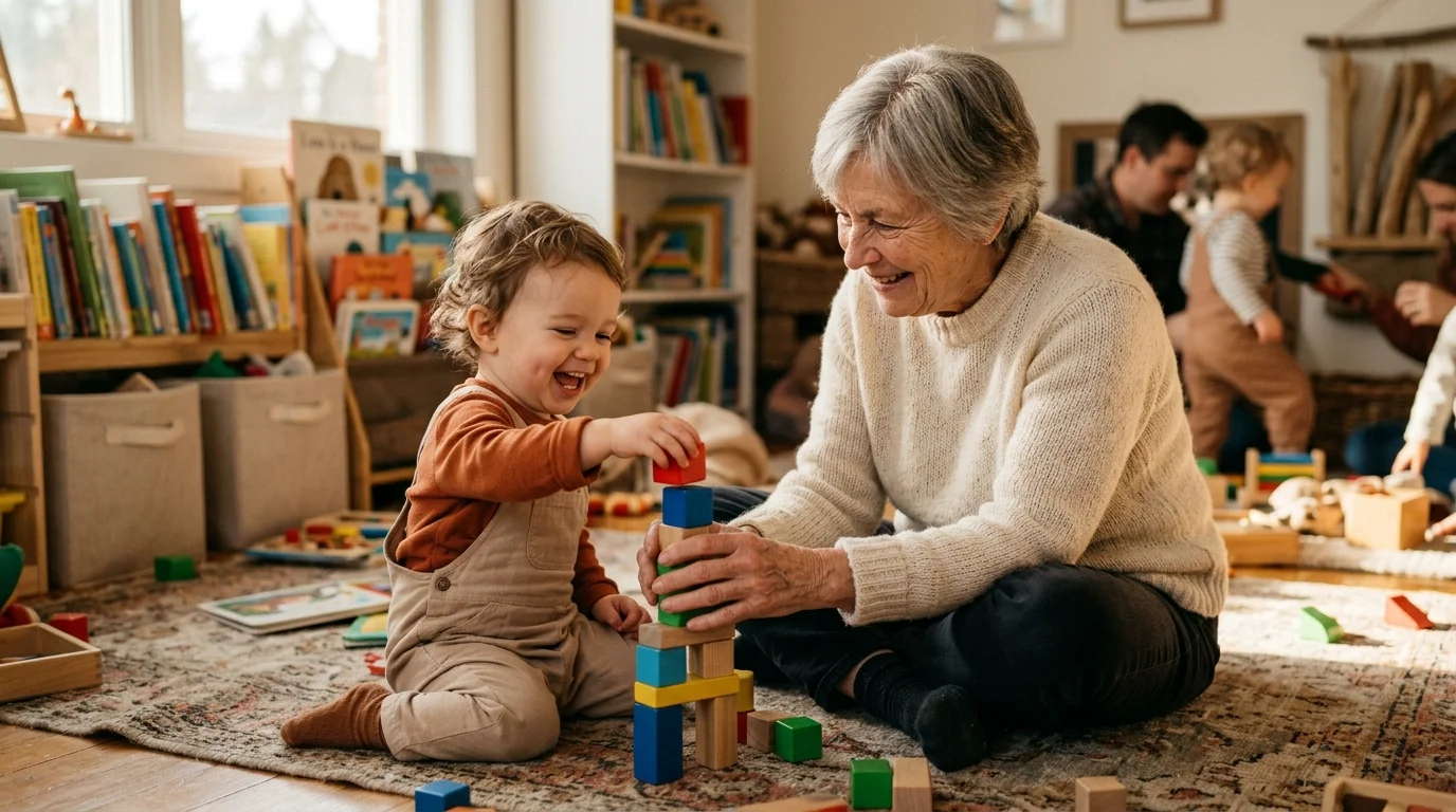 A heartwarming photo of a retired woman playing with a toddler using colorful blocks in a cozy community center.