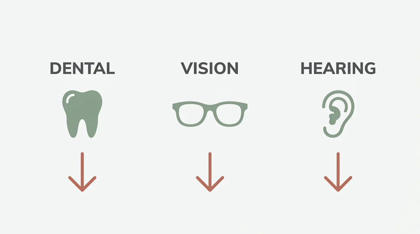 A horizontal infographic showing dental, vision, and hearing icons with downward arrows indicating benefit reductions.