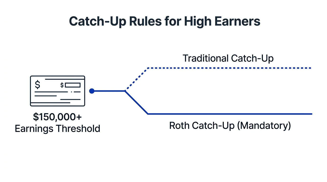 A line diagram showing how earnings over $150,000 route catch-up contributions into Roth accounts.