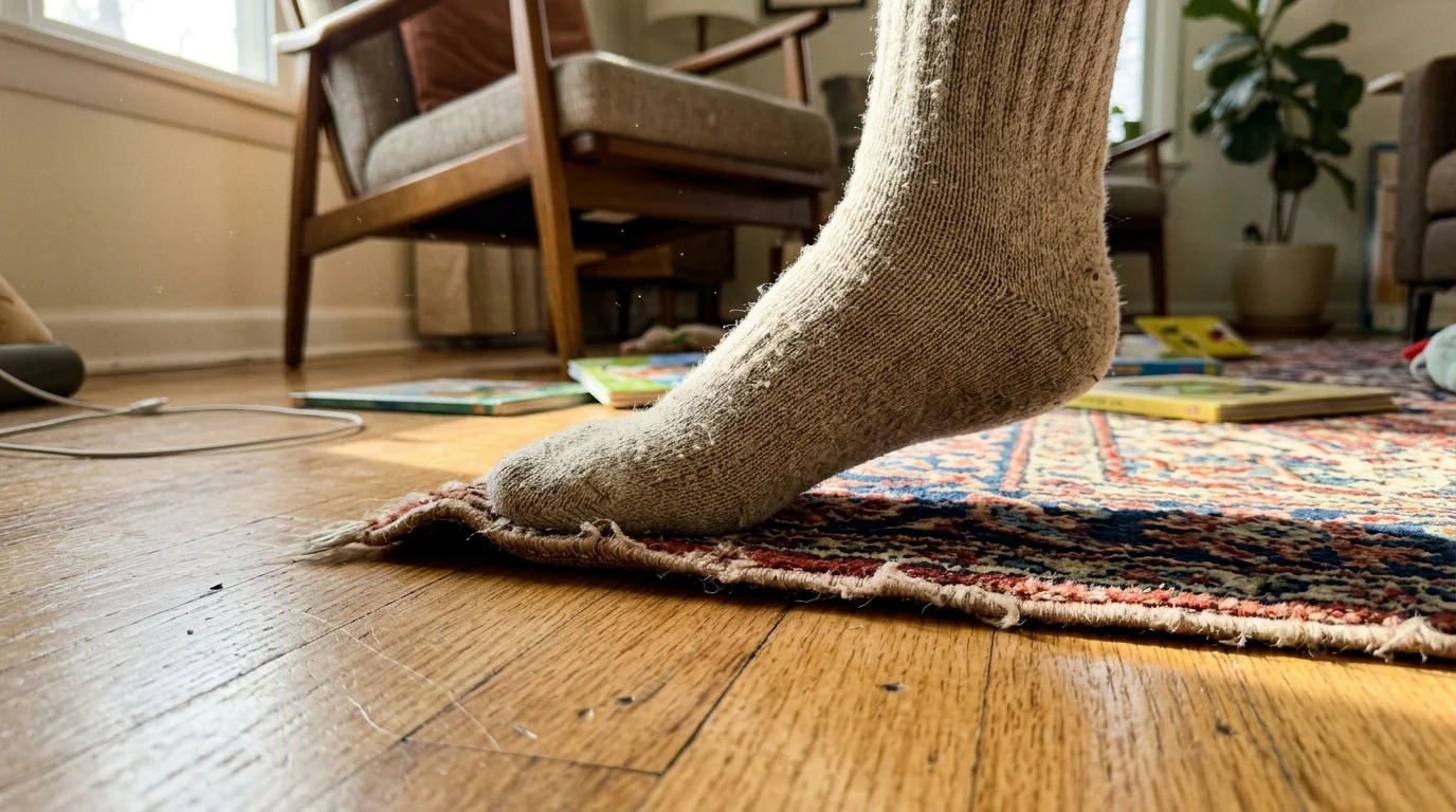 A low-angle shot of a foot in a wool sock catching on the raised edge of an area rug on a hardwood floor.